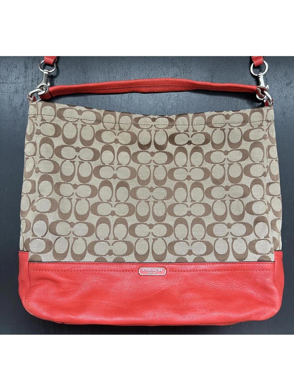 Coach Signature Canvas and Red Orange Leather Shoulder Bag
